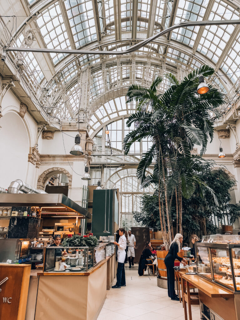 Interior of Brasserie Palmenhaus in Vienna, featuring a soaring glass ceiling, Art Nouveau ironwork, tropical plants, and a cozy café counter with pastries and coffee. Staff serve guests beneath the lush greenery in this elegant former royal greenhouse.