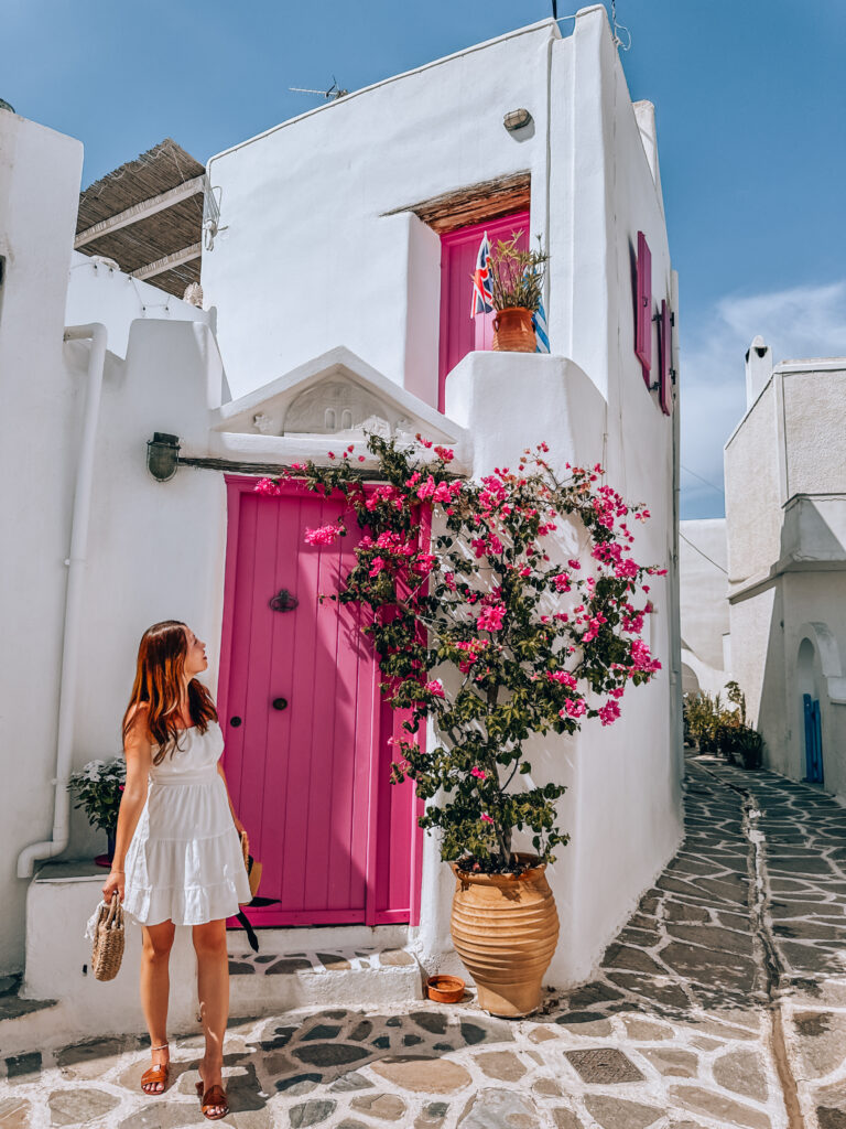 Pink door house in Marpissa, Paros, Greece