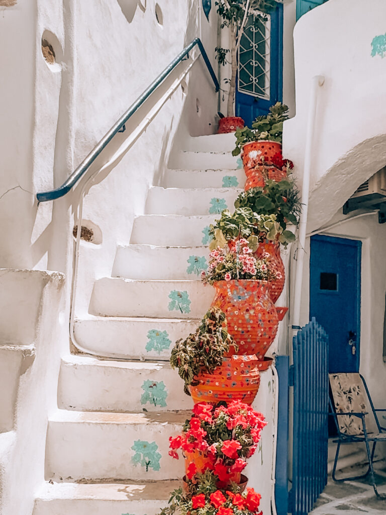 Cute potted plants along a staircase in Lefkes, Paros, Greece