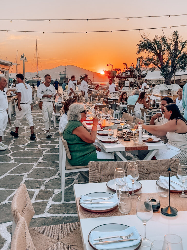 sunset dining scene in Naoussa, Paros, Greece