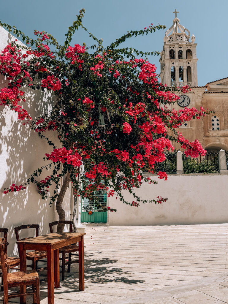 Agia Triada Church and bougainvillea in Lefkes, Paros, Greece