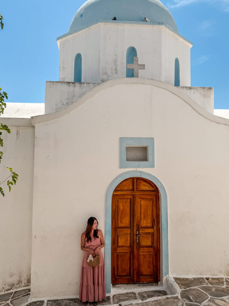 A blue domed church in Lefkes, Paros, Greece