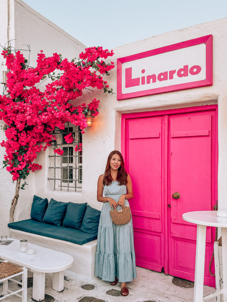 Pink door bar in Naoussa, Paros, Greece
