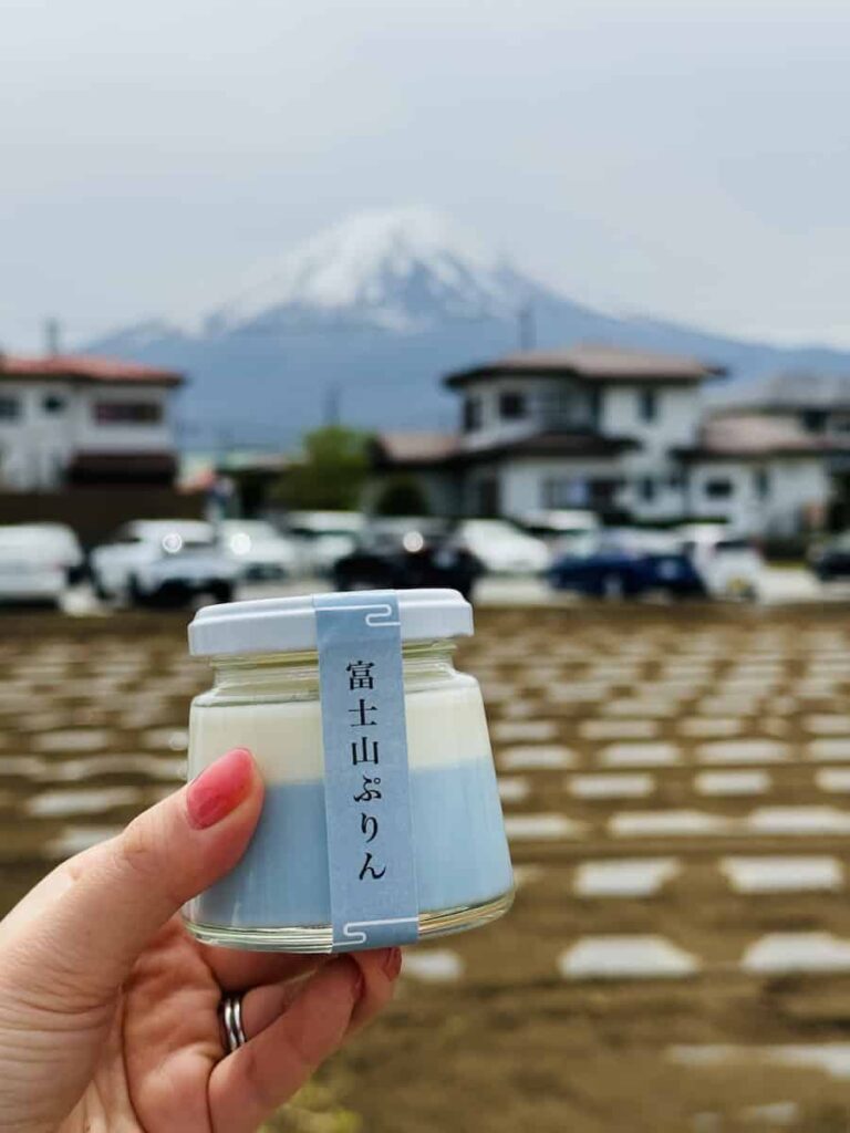 Hand holding a jar of Mount Fuji pudding with the real Mount Fuji visible in the distance.