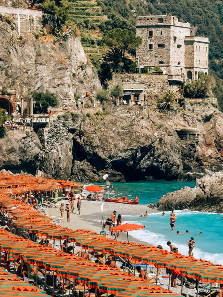 Iconic orange umbrellas of Cinque Terre at Monterosso