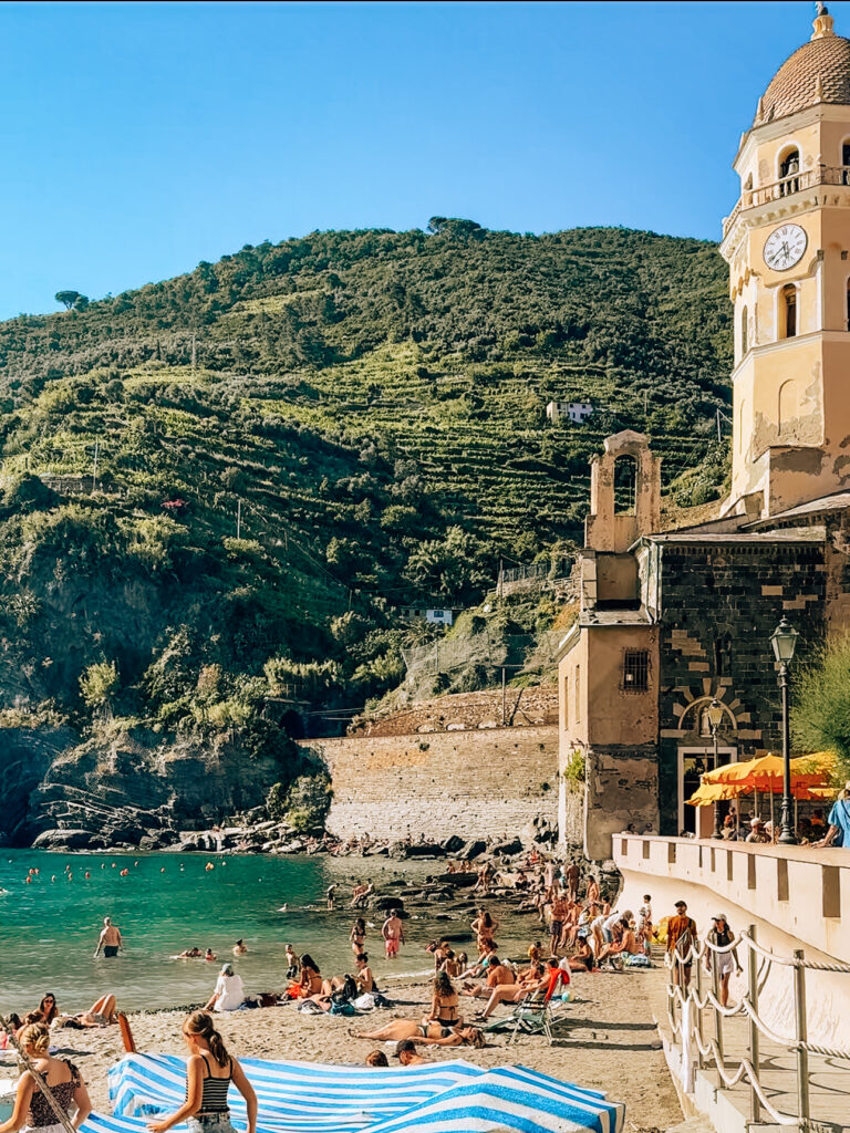 European summer vibes at a beach in Vernazza, Cinque Terre, Italy