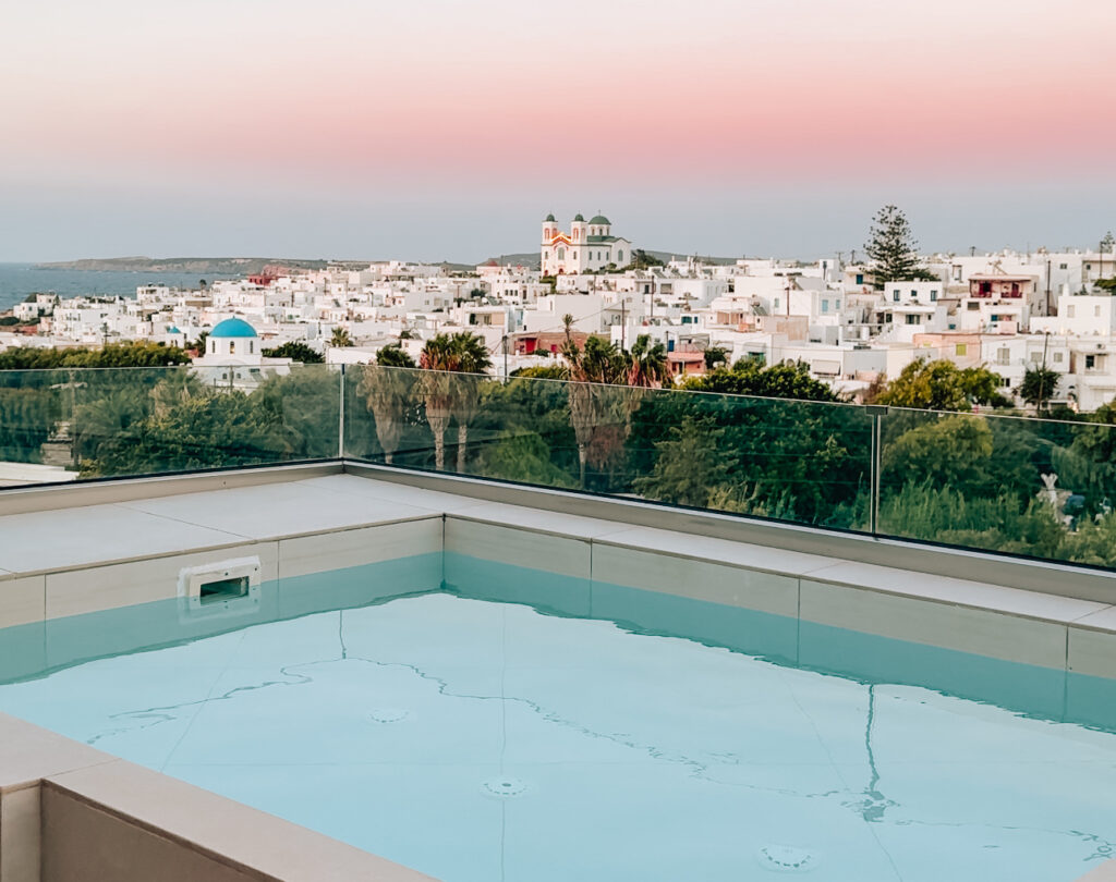 sunset from pool of aura suites paros hotel in Paros, Greece