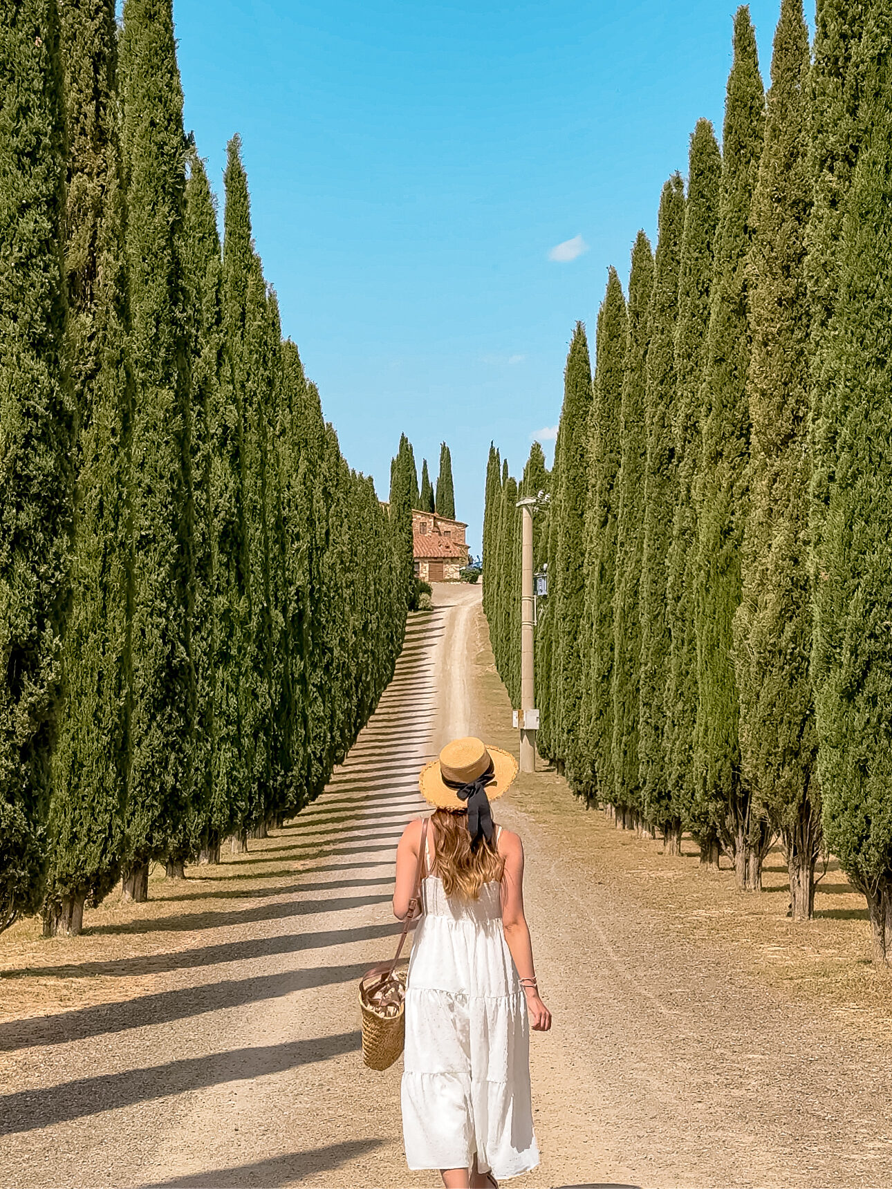 A woman in a white sundress and straw hat with a black ribbon walks along a picturesque cypress-lined driveway in Tuscany, Italy, carrying a woven tote bag, with a rustic villa (Farmhouse Poggio Covili) visible in the distance under a clear blue sky.