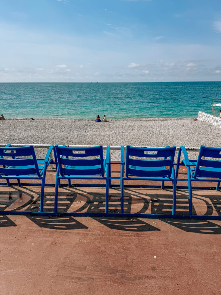 Iconic blue chairs of Nice Promenade des Anglais