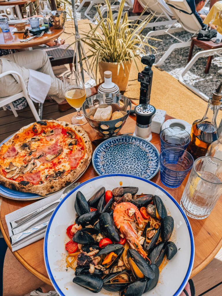 seafood pasta and pizza at Le Galet, beach club in Nice