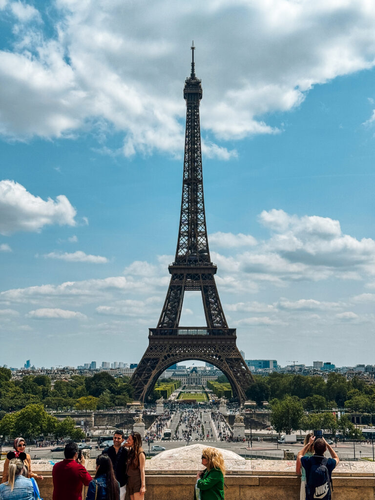 Capturing the Eiffel Tower from Trocadéro, one of the best things to do in Paris, where travelers gather for the perfect panoramic view of this iconic landmark under a bright blue sky.