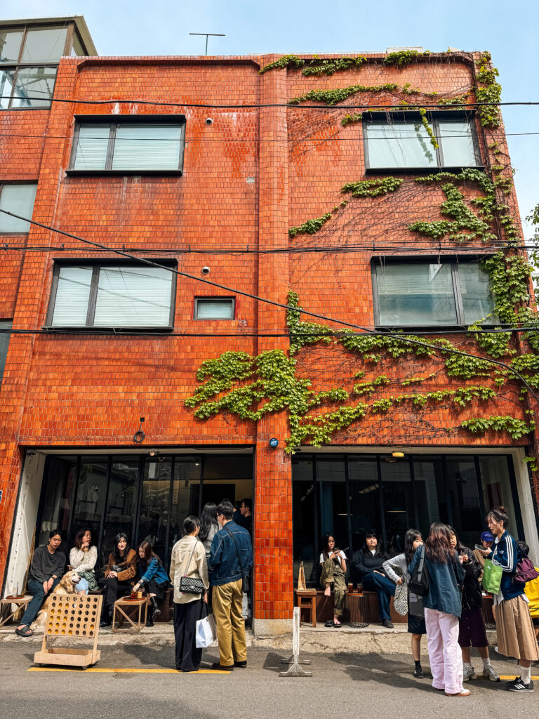 A brick-red building in Seongsu-dong with ivy crawling up the walls, and groups of stylish locals waiting outside a popular café.
