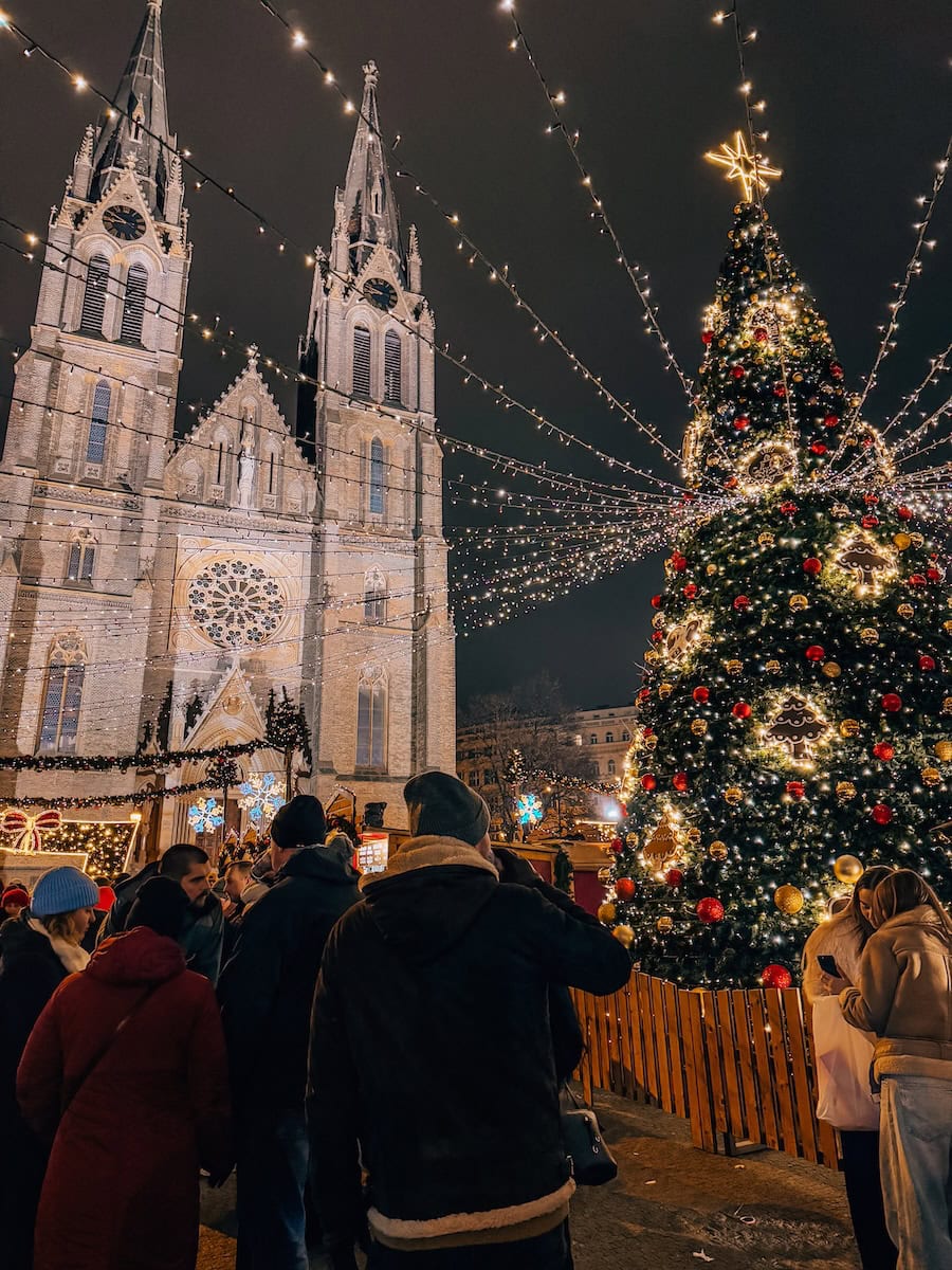 Crowds enjoying the Christmas market at Náměstí Míru in Prague, with a large decorated Christmas tree and the illuminated Church of St. Ludmila in the background, under a canopy of holiday lights.