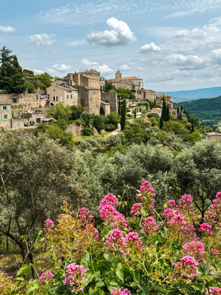 Iconic panoramic view of Gordes perched on a cliff, surrounded by olive trees and framed by summer flowers.