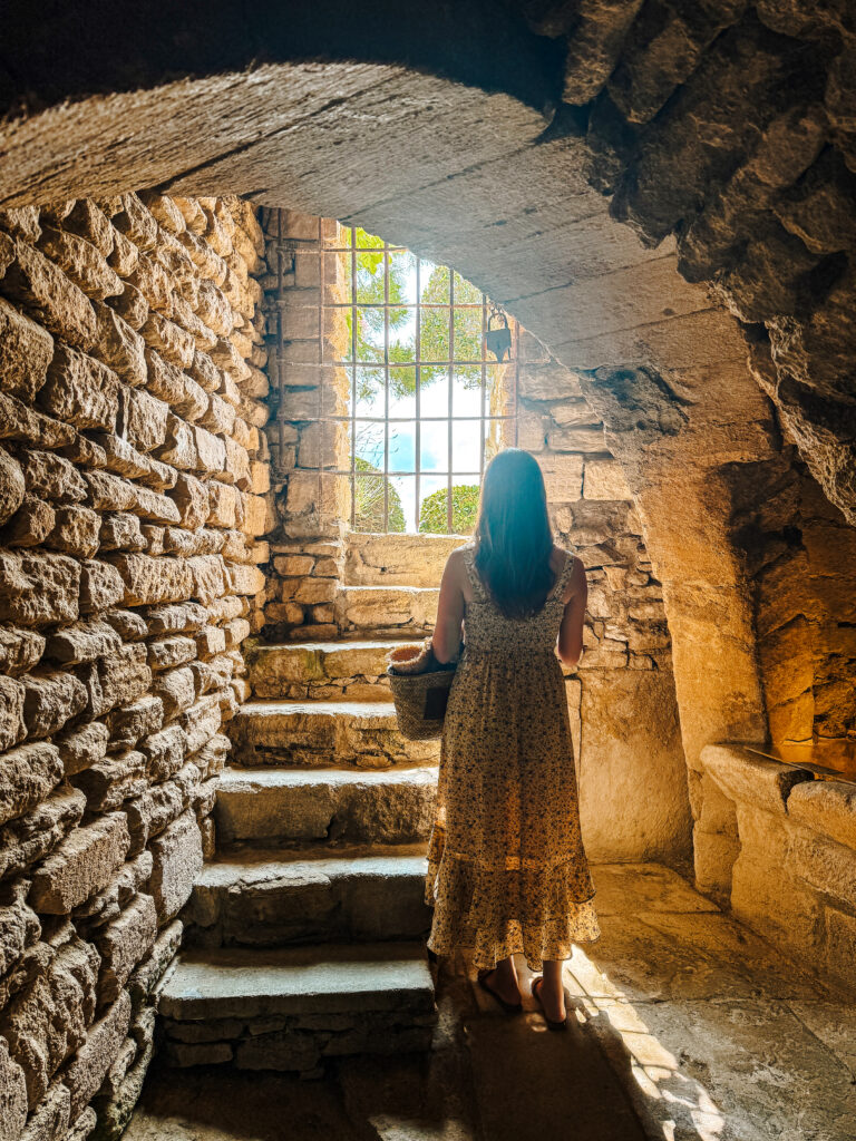 Traveler framed by a stone archway, standing in a vaulted passage of Saint-Firmin cellars, light streaming in from the window.