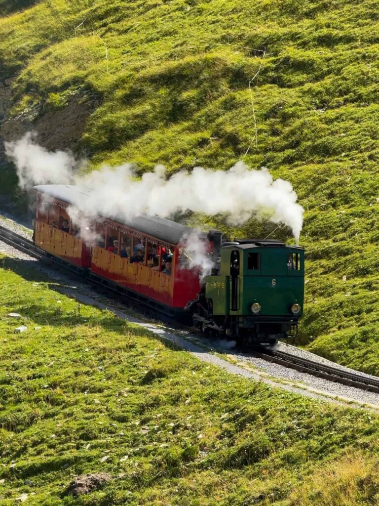 Historic green and red Brienz Rothorn steam train climbing up a steep grassy mountain slope with white smoke billowing from the engine.