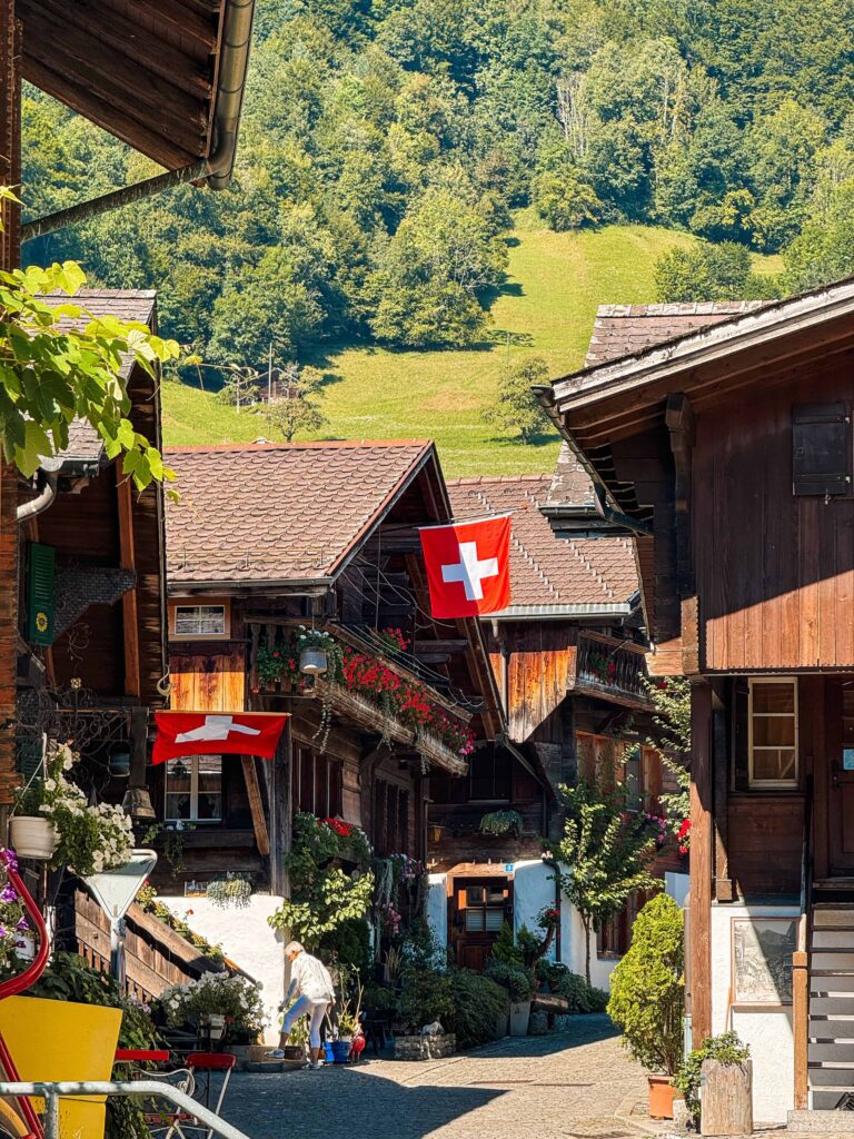 Quaint cobblestone street in Brienz, Switzerland, lined with wooden chalets adorned with flowers and Swiss flags, surrounded by lush green hills.
