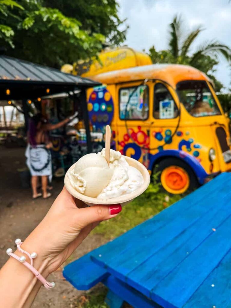 Hand holding a cup of vegan ice cream in front of the colorful yellow and orange Coconut Glen’s ice cream truck on the Road to Hana in Maui