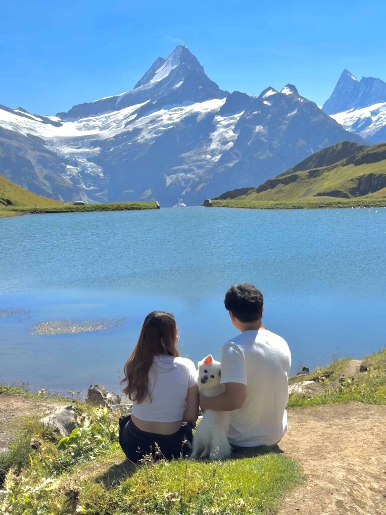 Couple sitting by Bachalpsee Lake in Grindelwald with their white dog, gazing at the turquoise water and snow-capped Swiss Alps on a sunny day.