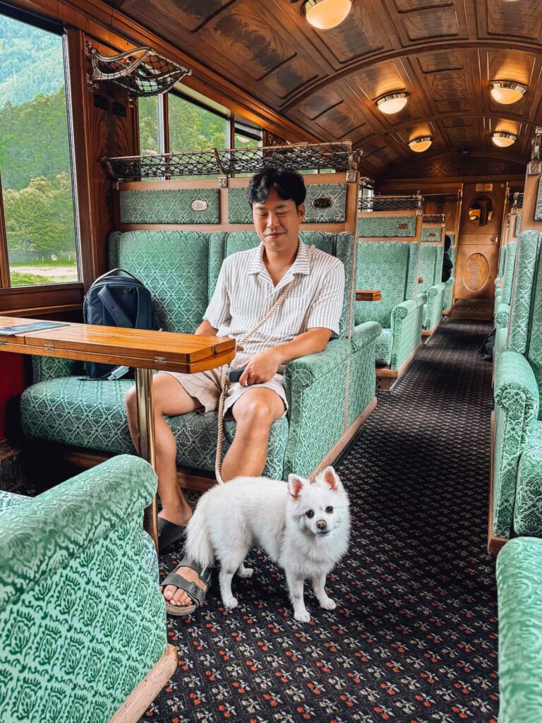 A man sits on a plush green velvet seat inside the vintage GoldenPass Belle Epoque train, smiling softly beside a small white dog standing on the patterned carpet. The train’s elegant wooden interior and large windows reveal a scenic view of lush green mountains outside.