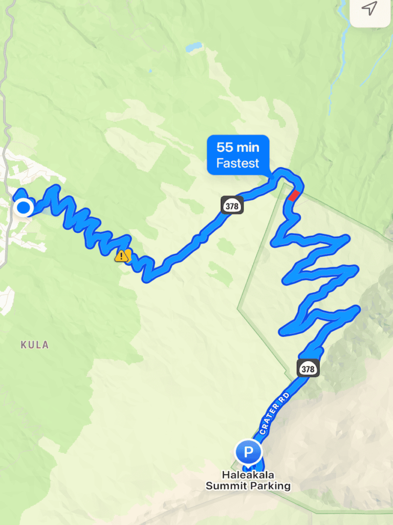 A map showing the winding road up to Haleakalā Summit Parking in Maui, with an estimated 55-minute drive time from Kula.