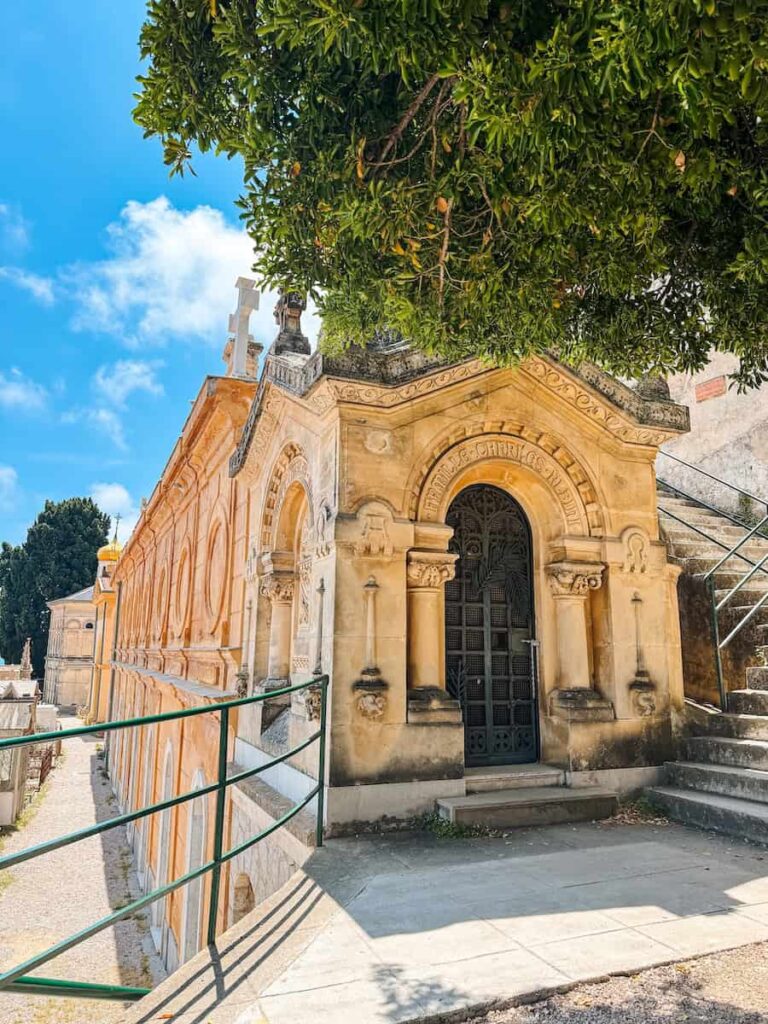 Historic cemetery in Menton with ornate stone mausoleums and a tree providing shade near the hillside pathway.
