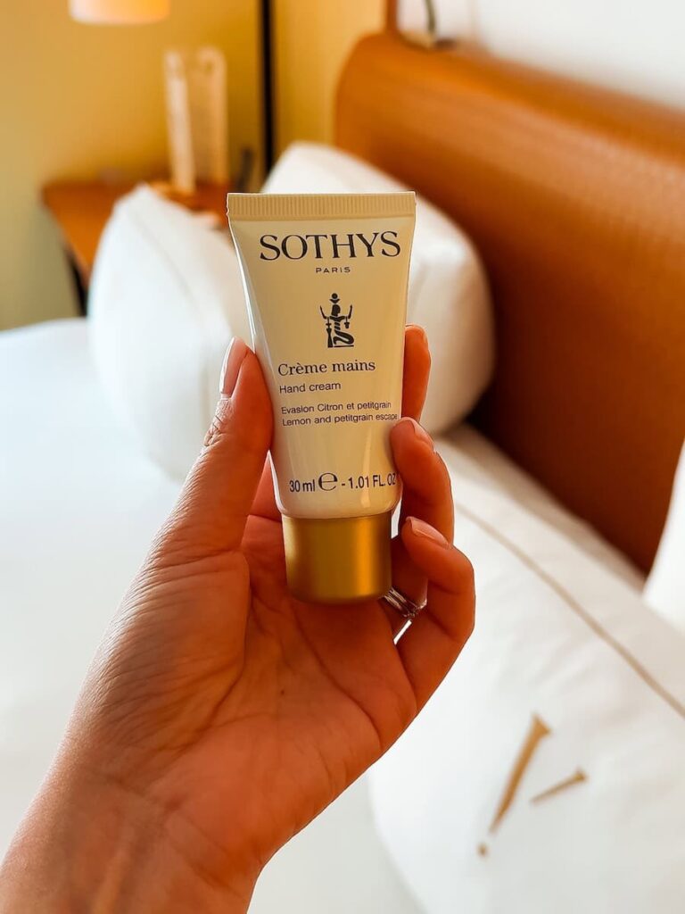 Sothys hand cream welcome amenity displayed in Five Seas Hotel Cannes room