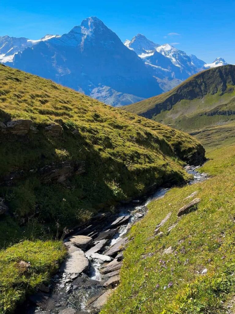 Alpine hiking trail near Grindelwald First with mountain stream and Eiger views in the Swiss Alps