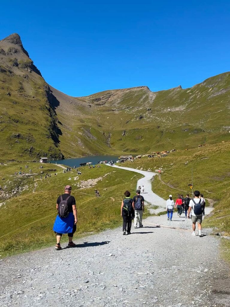 Hikers walking the scenic trail to Lake Bachalpsee from Grindelwald First in Switzerland