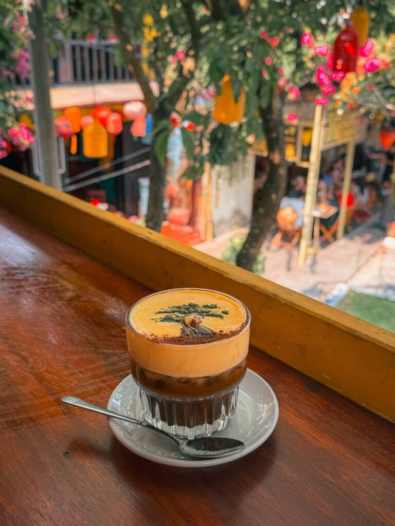 Vietnamese coffee at Uncle Huan Coffee overlooking the lantern filled streets of Hoi An