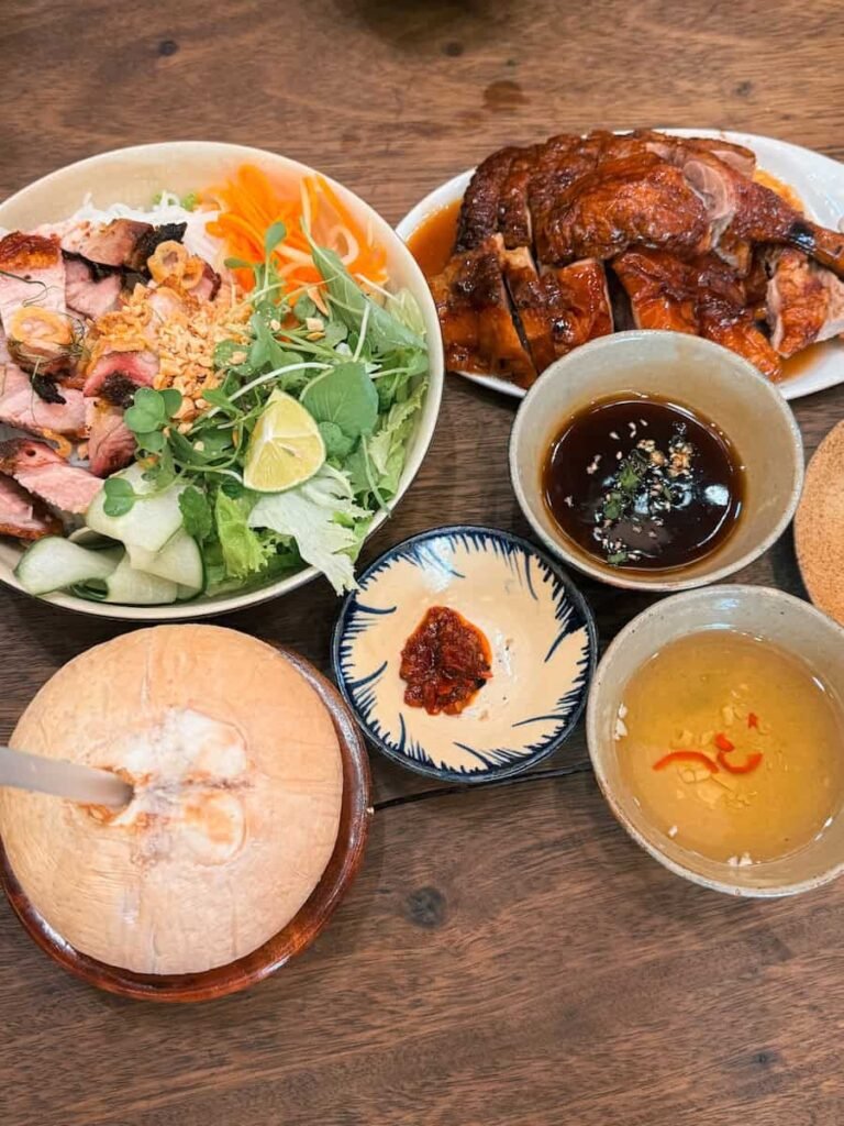 Roast duck, grilled pork and fresh noodles at Com Linh restaurant in Hoi An