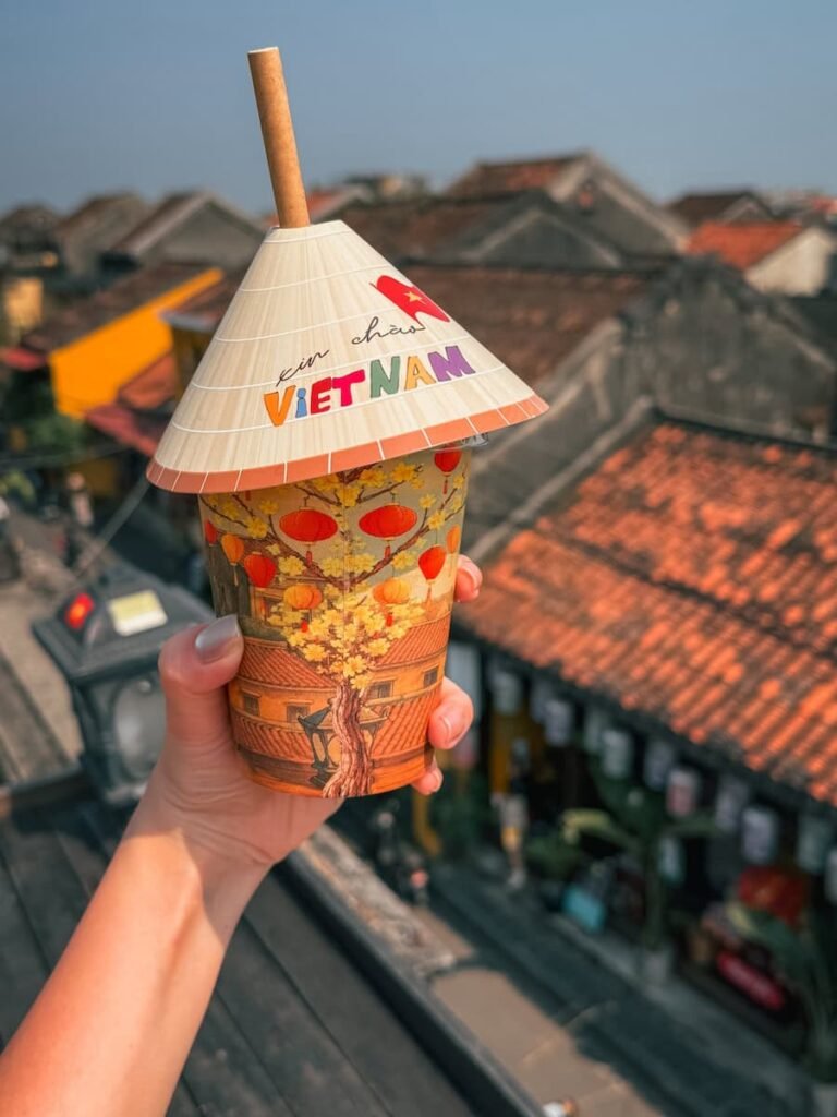 Vietnamese coffee at Faifo Coffee overlooking the rooftops of Hoi An