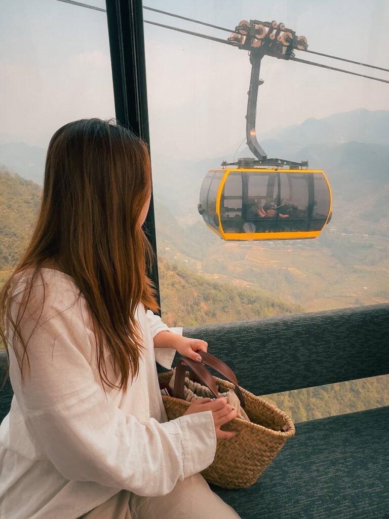 Fansipan cable car climbing toward the summit above Sapa, Vietnam