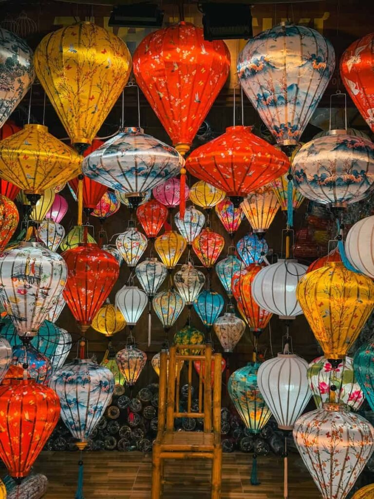 Colorful silk lanterns hanging at the Hoi An night market