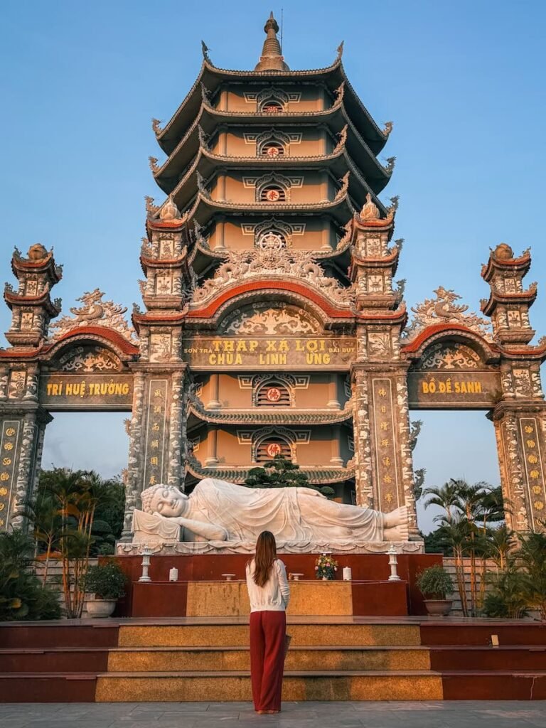 Linh Ung Pagoda and the white Lady Buddha statue on Son Tra Peninsula in Da Nang, Vietnam