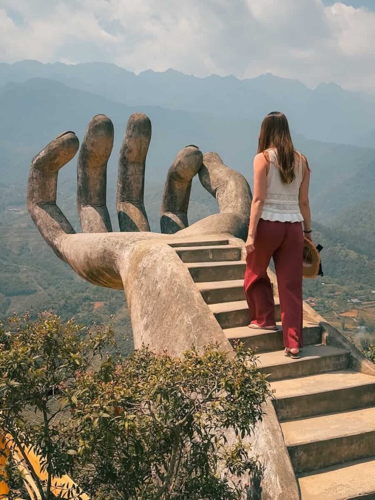Circular wicker arch framing the mountain views at Moana Sapa