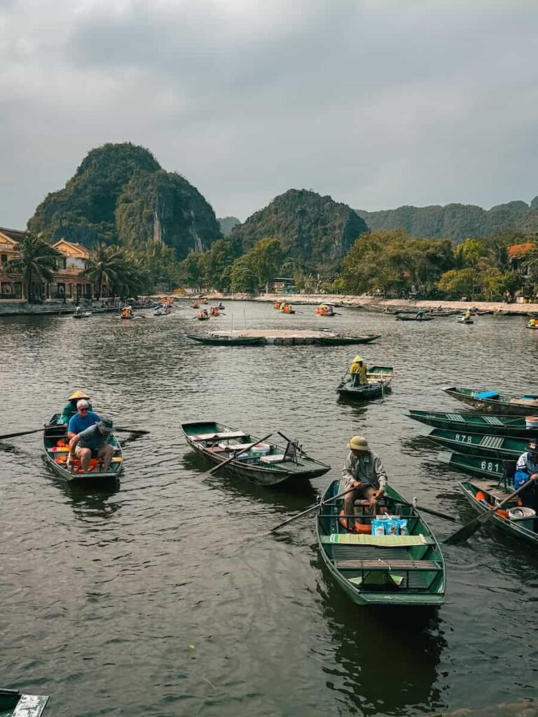 Rowboats waiting at the boat station in Ninh Binh, Vietnam